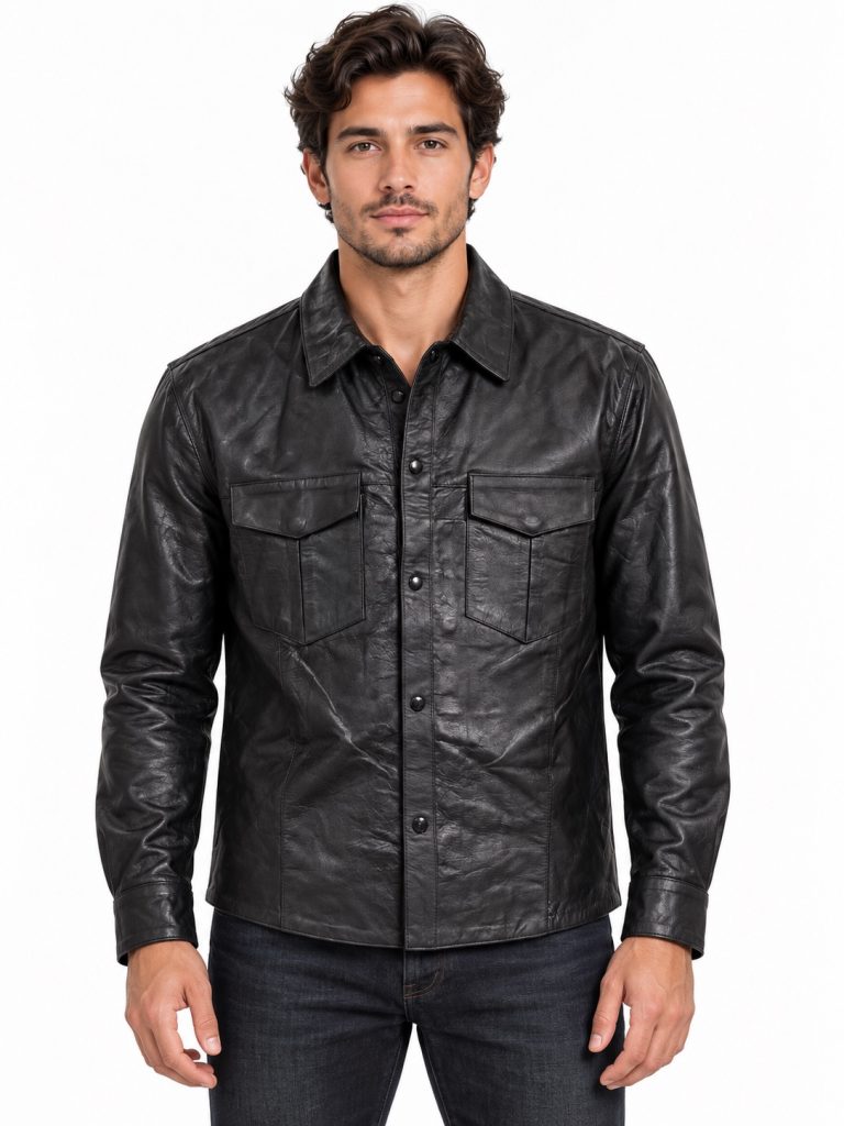 Men’s Black Leather Shirt Jacket with Button Front and Chest Pockets