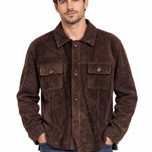 Men’s Brown Suede Leather Shirt Jacket – Button-Up