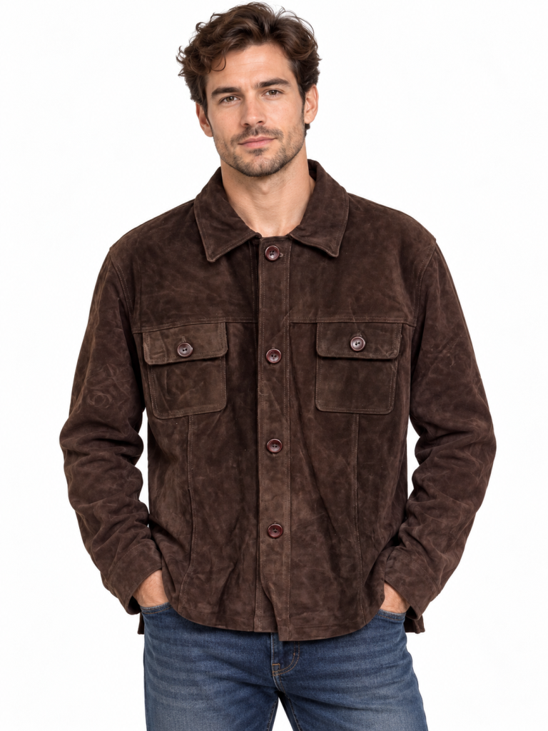 Men’s Brown Suede Leather Shirt Jacket – Button-Up
