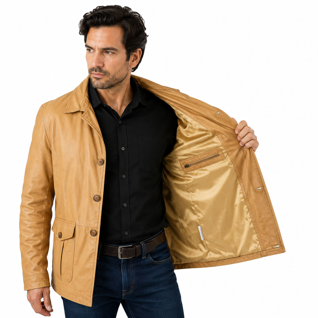 Men’s Tan Genuine Washable Leather Jacket - Image 3
