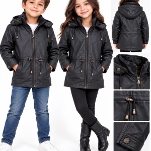 Kids’ Genuine Leather Jacket with Zip-Out Hood and Lining