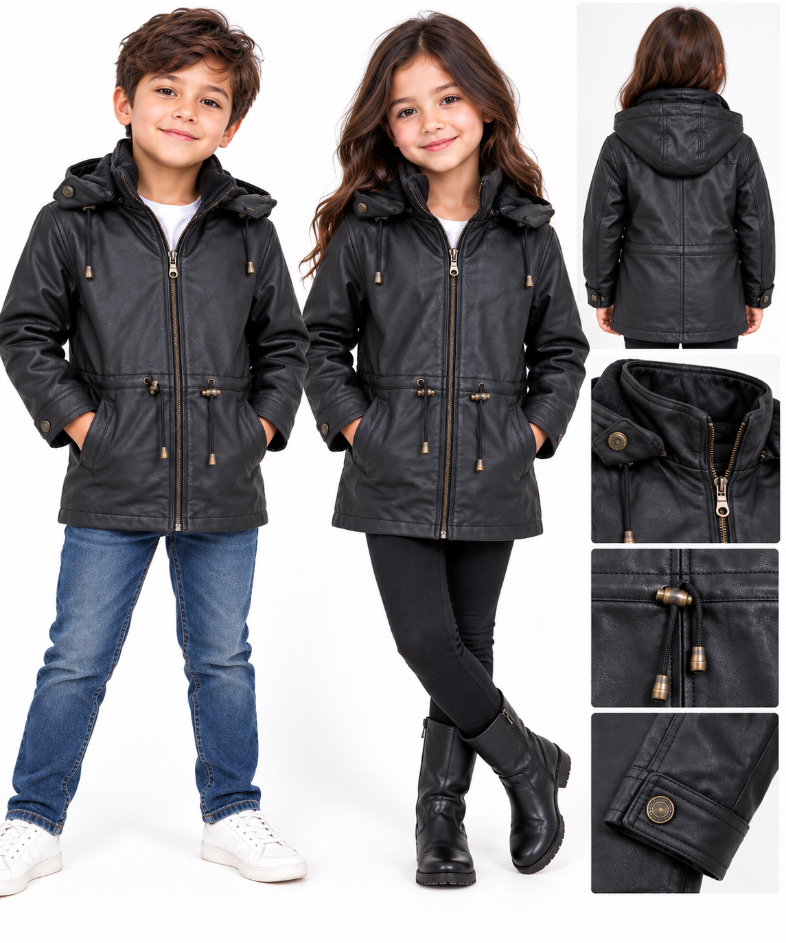 Kids’ Genuine Leather Jacket with Zip-Out Hood and Lining