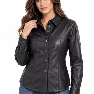 Women's Black Genuine Leather Shirt Jacket – Long Sleeve Button Front, Fitted Western Style Leather Shacket